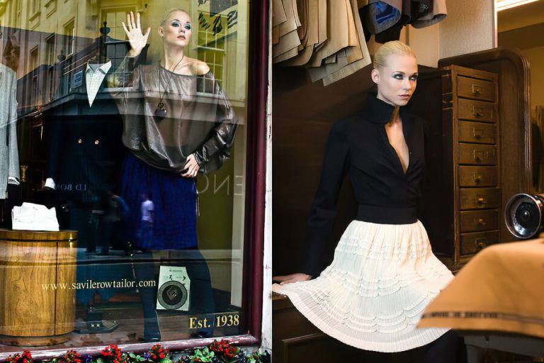 A man and a woman standing in front of a store