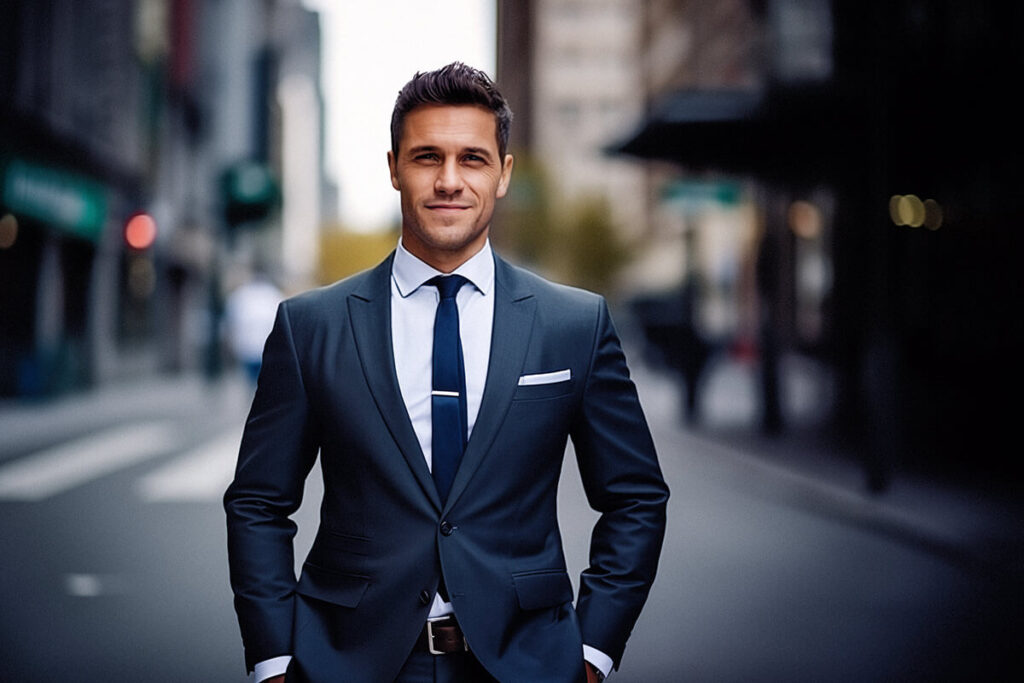 A man wearing a suit and tie walking down the street