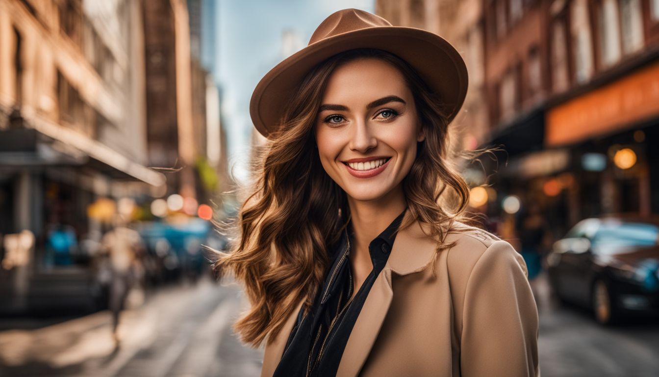 A woman wearing a hat talking on a cell phone on a city street