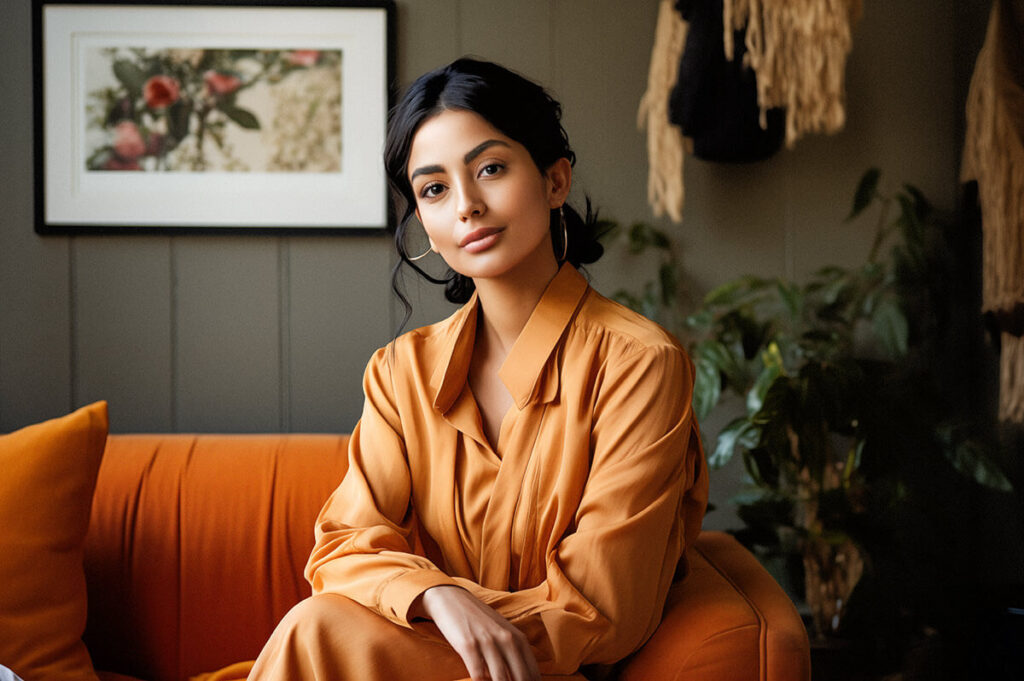 A person sitting on a leather couch