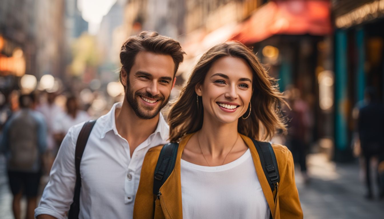 A couple walking in a lively city in smiling together.