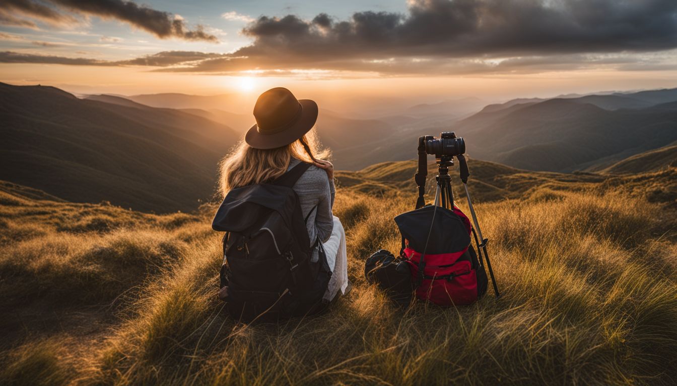 A female photographer capturing diverse landscapes with varied techniques and equipment.