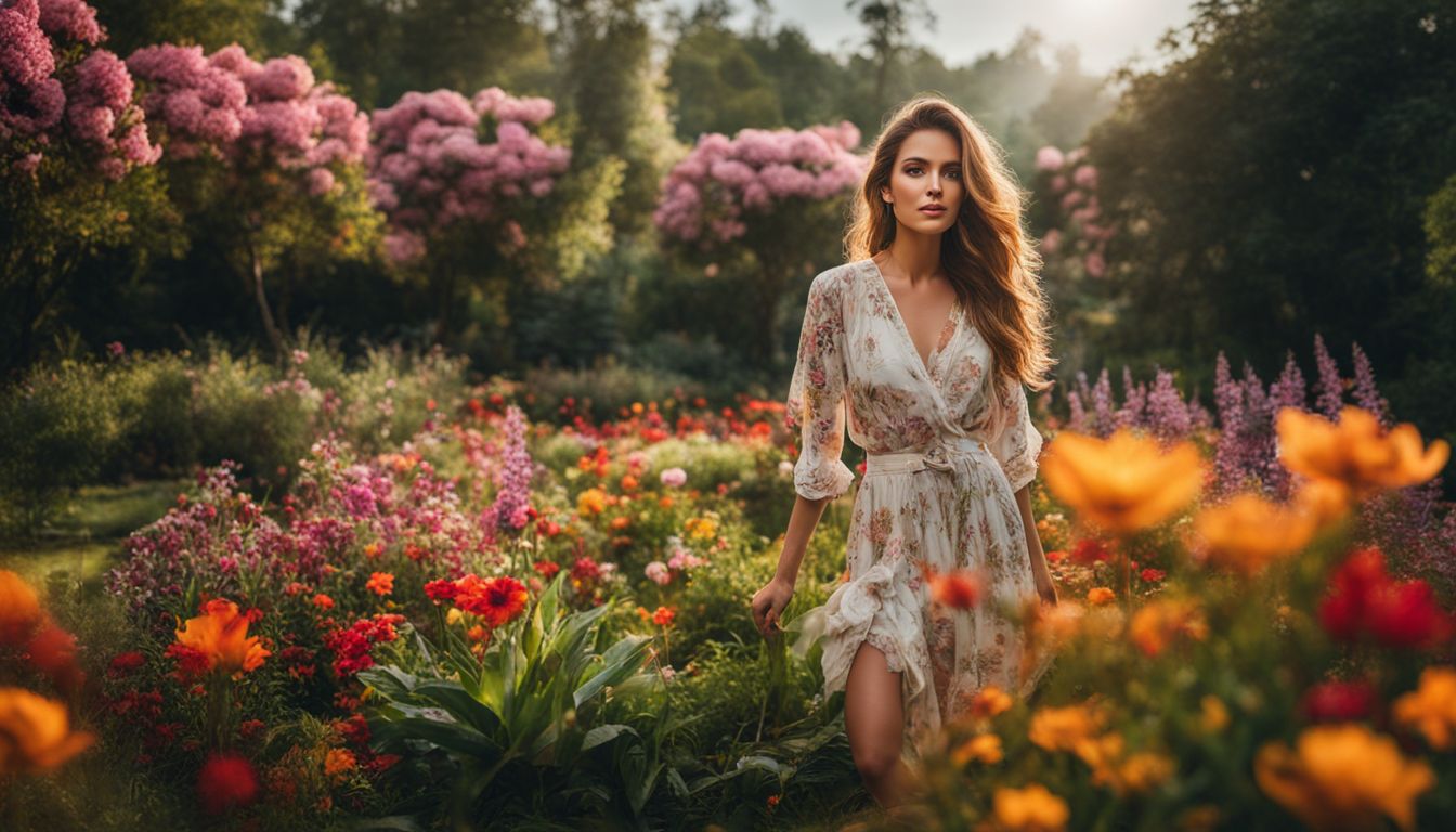 A woman poses in a vibrant botanical garden surrounded by flowers.
