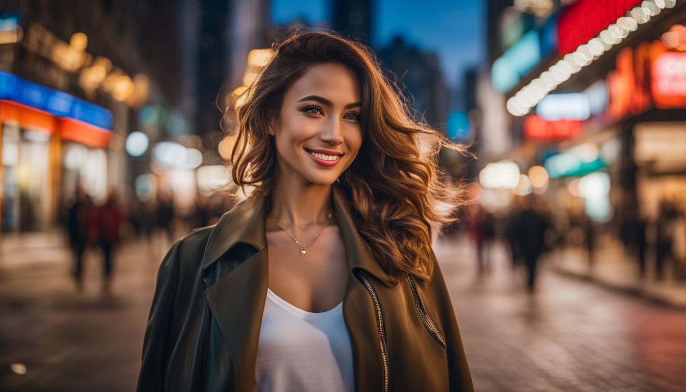 A stylishly dressed woman smiling in a vibrant urban environment.