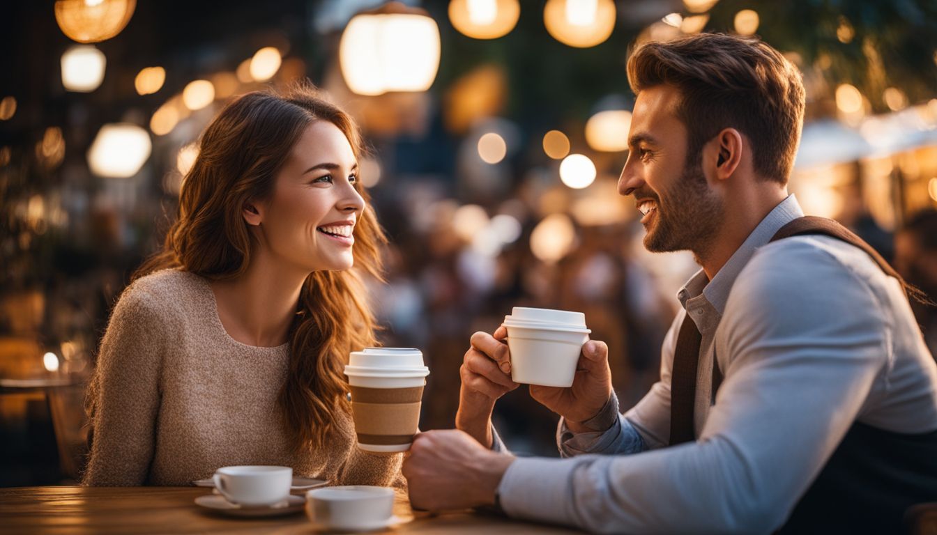 A happy young couple enjoying coffee at a cozy outdoor cafe.