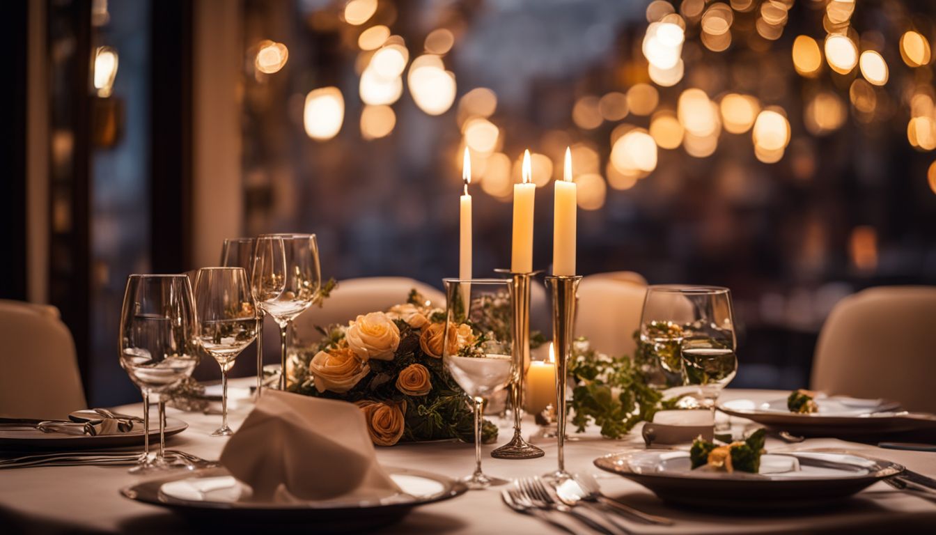 A romantic restaurant dinner setup with varied photography and bustling atmosphere.