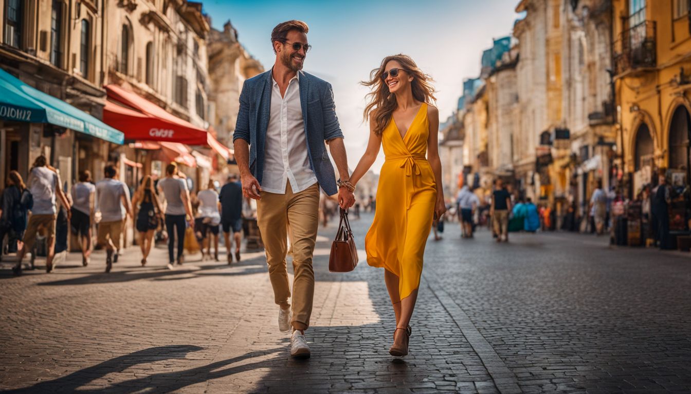 A man and a woman walking through a vibrant city holding hands.