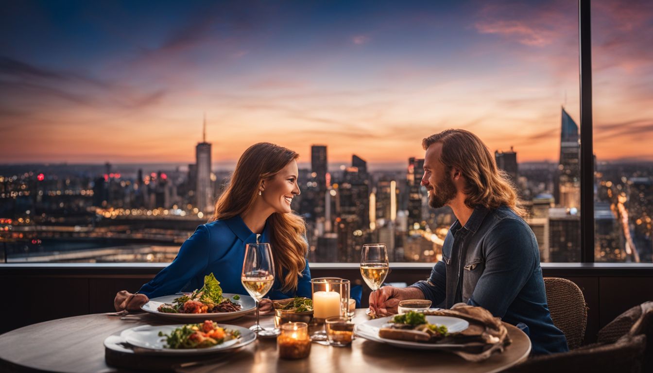 A couple enjoying a romantic dinner with a city skyline backdrop.