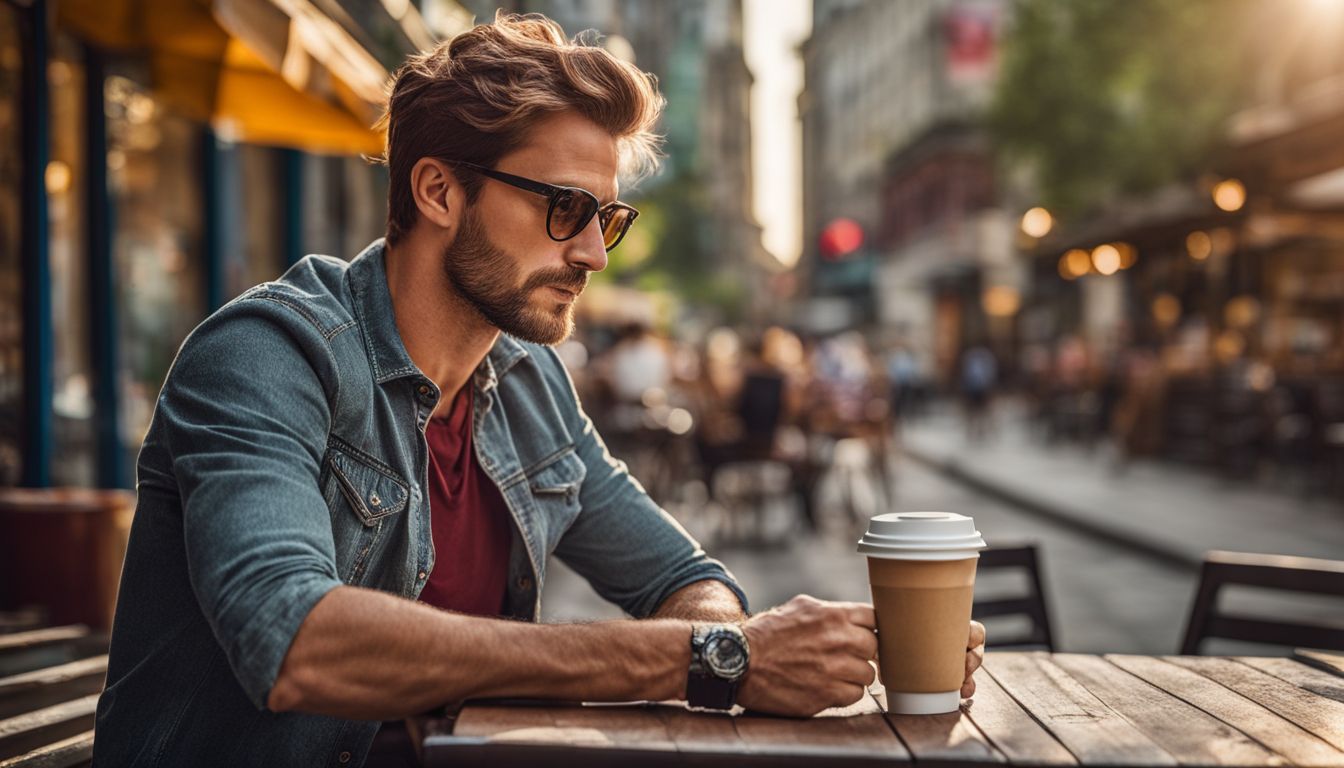 A man enjoying coffee in a busy city setting.