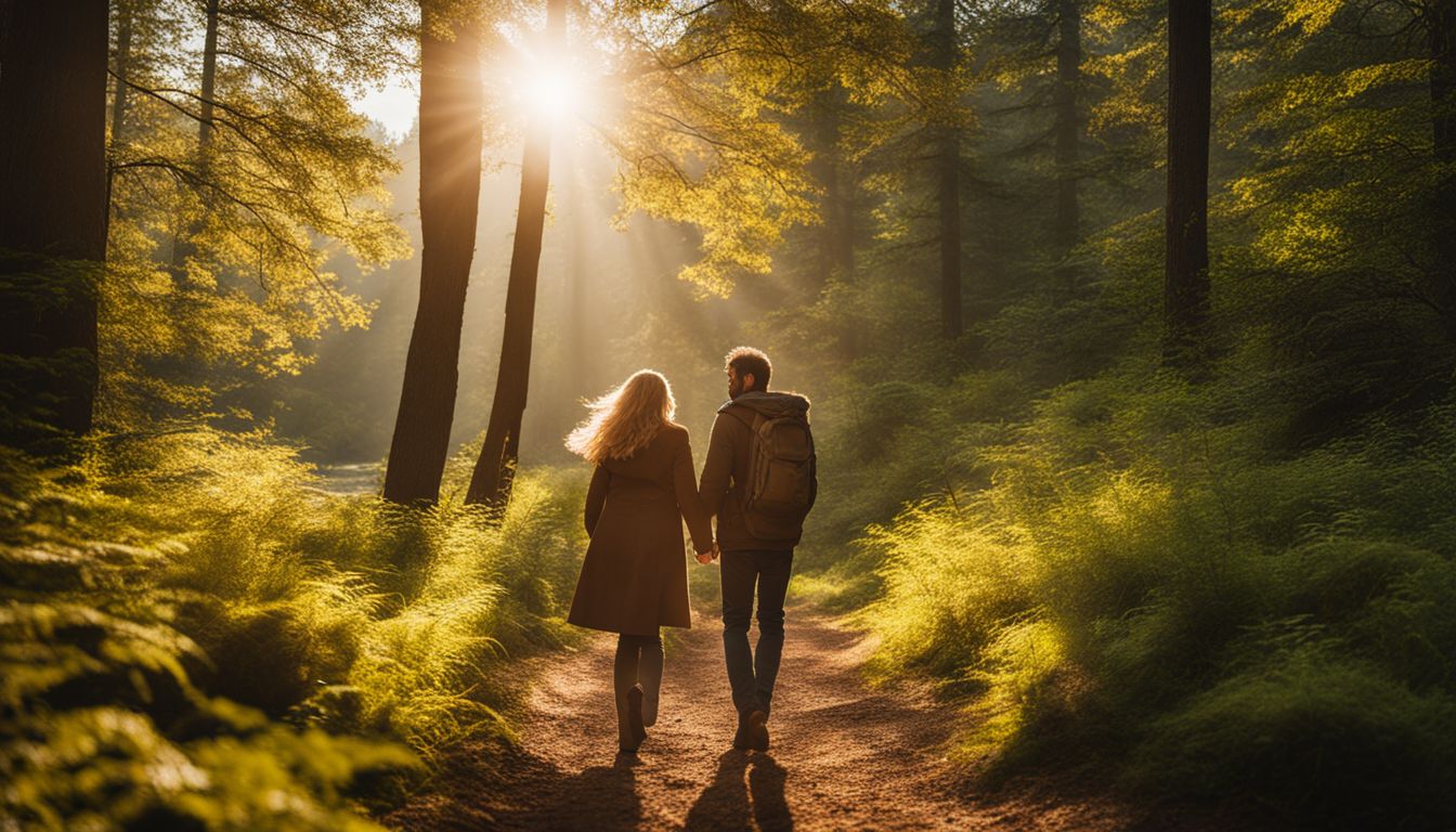 A couple embracing in a sunlit forest clearing.