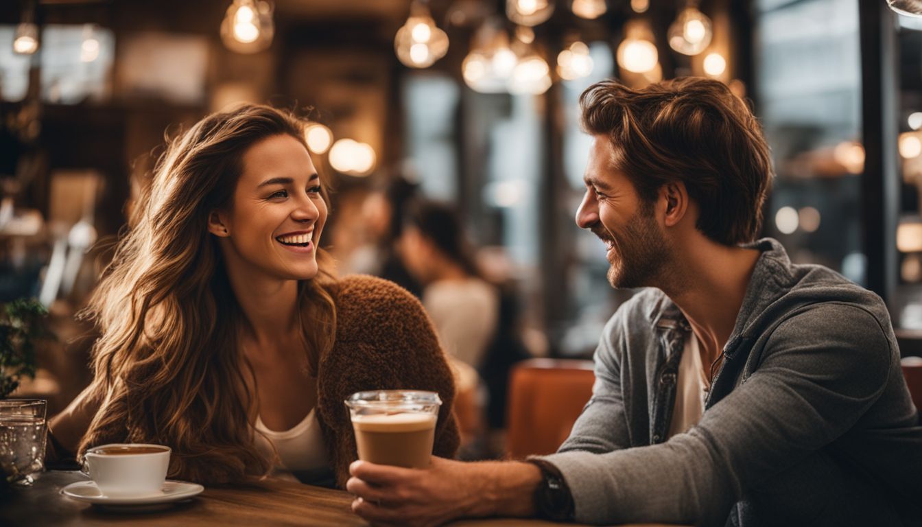 A young man and woman laughing in a coffee shop.