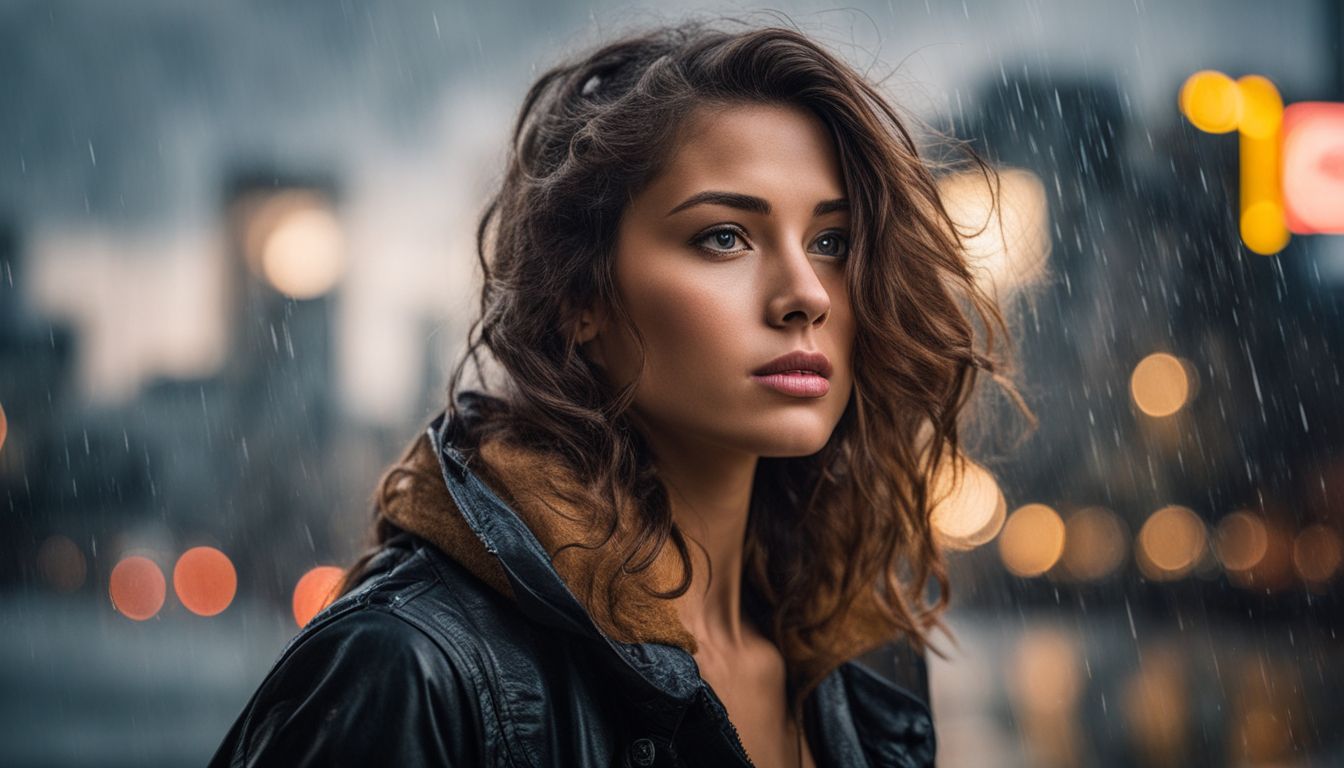 A woman standing in the rain, expressing a mix of sadness and hope.