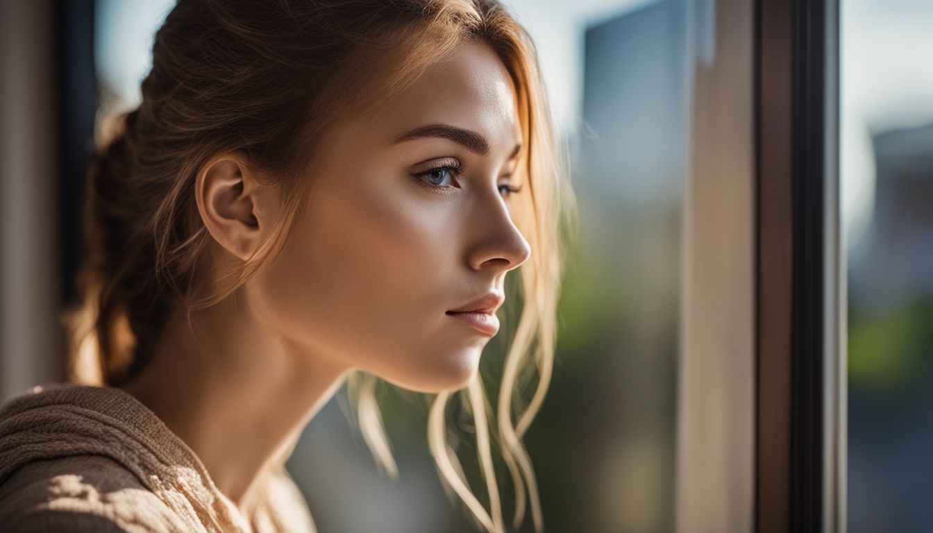 A young woman reflects by the window, with detailed facial features.