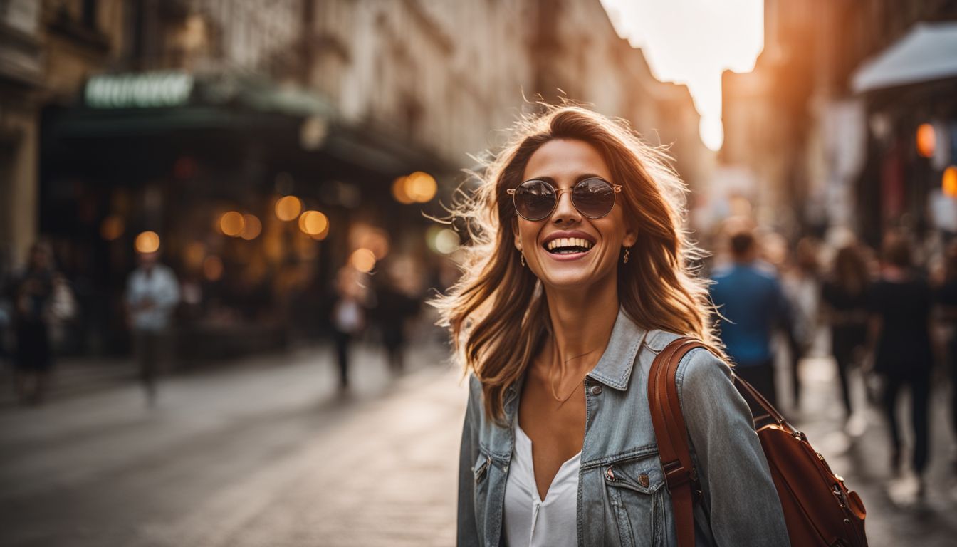 A woman walking through a bustling city street, laughing joyfully.
