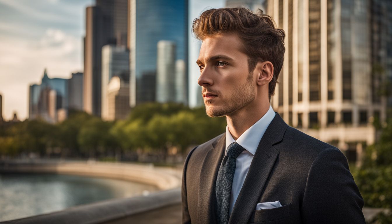 A young man in a formal suit standing in a city park with skyscrapers in the background, captured in portrait photography with a highly detailed and realistic appearance.