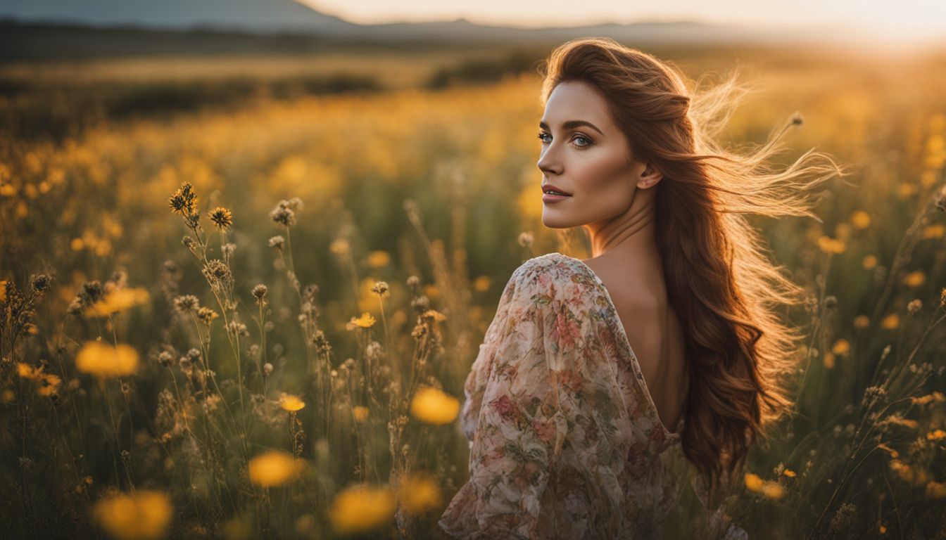 A confident woman poses in a field of wildflowers for nature photography.