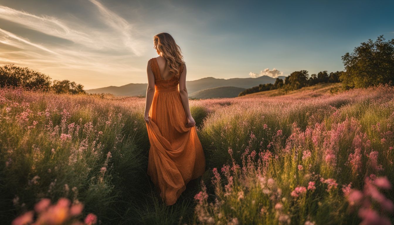 A woman poses in a field of wildflowers in different outfits.
