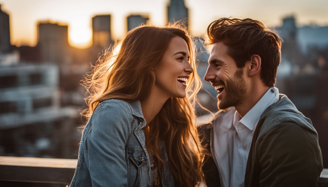A young couple laughing on city rooftop at sunset.