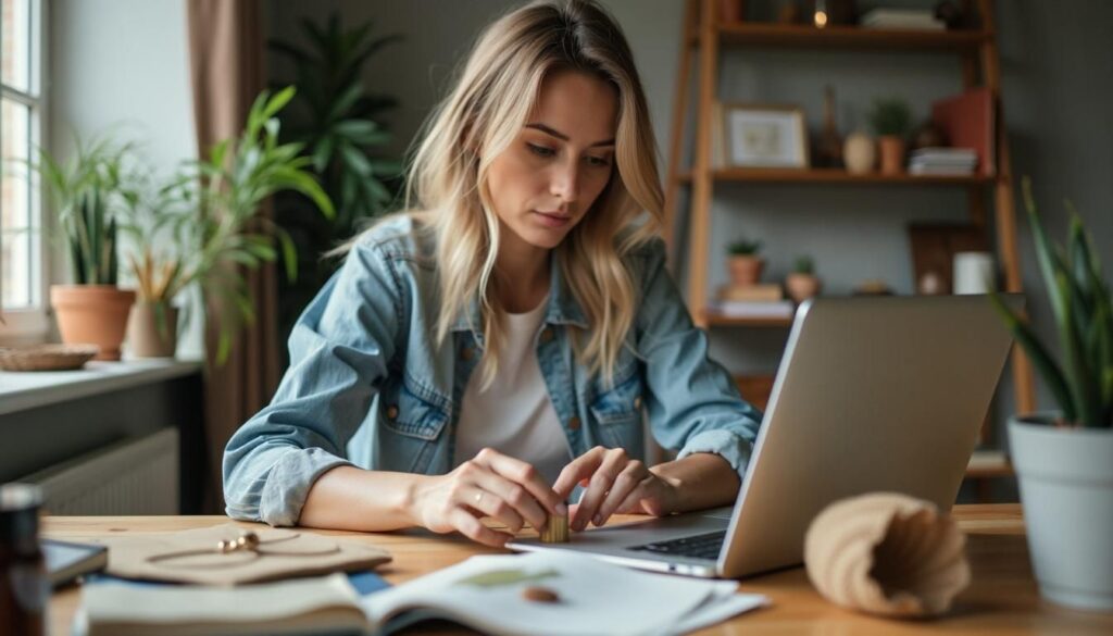 A woman sitting at a table using a laptop computer