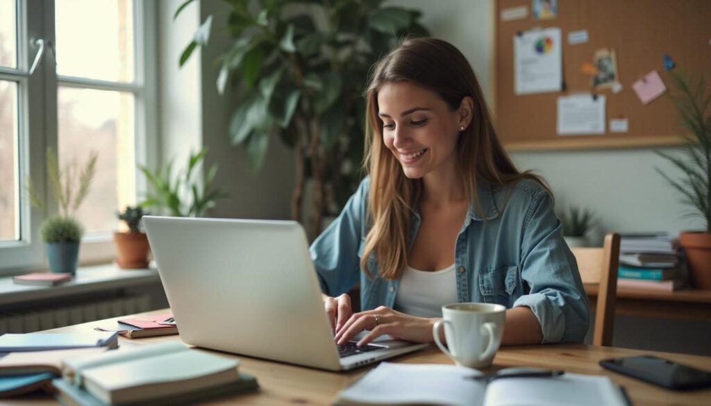 A woman sitting at a table using a laptop computer