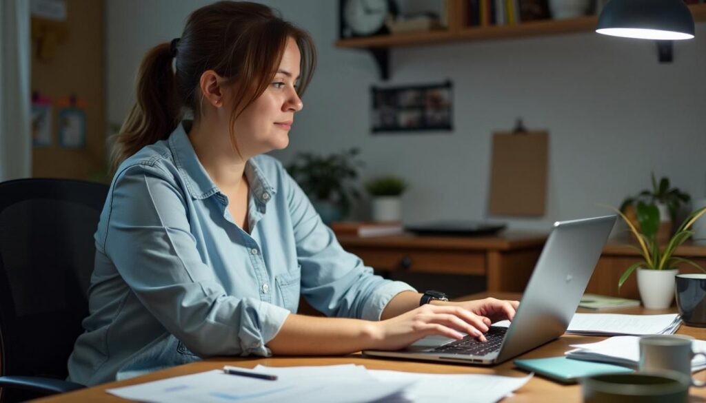 A woman sitting at a desk and using a laptop computer