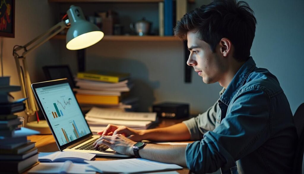 A person using a laptop computer sitting on top of a desk