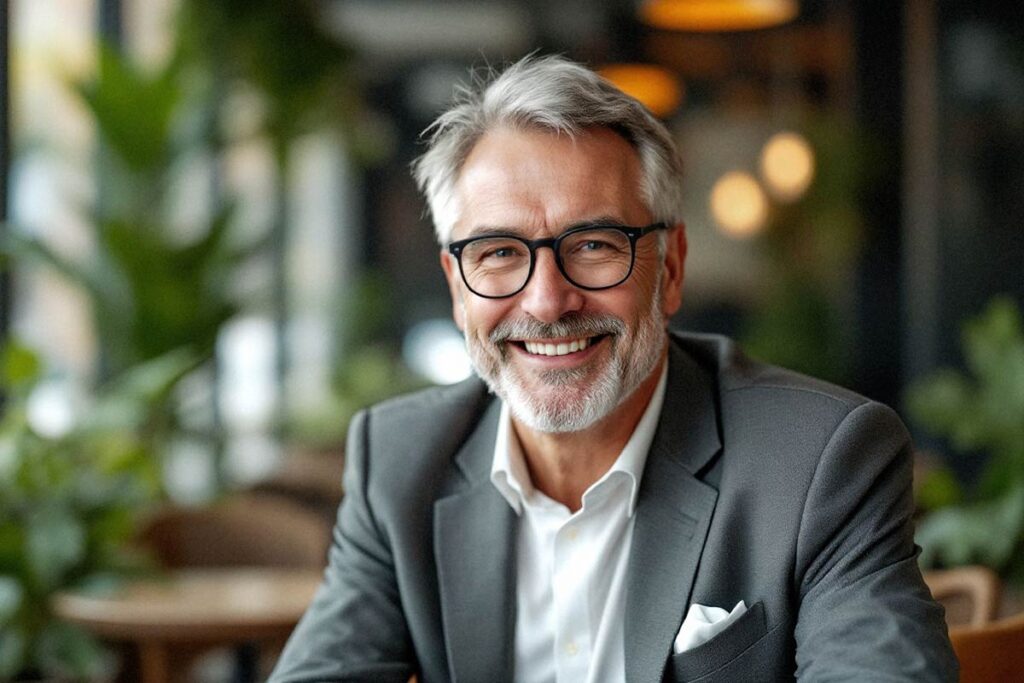 A man wearing glasses and smiling at the camera