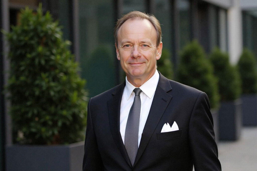 A man wearing a suit and tie smiling at the camera