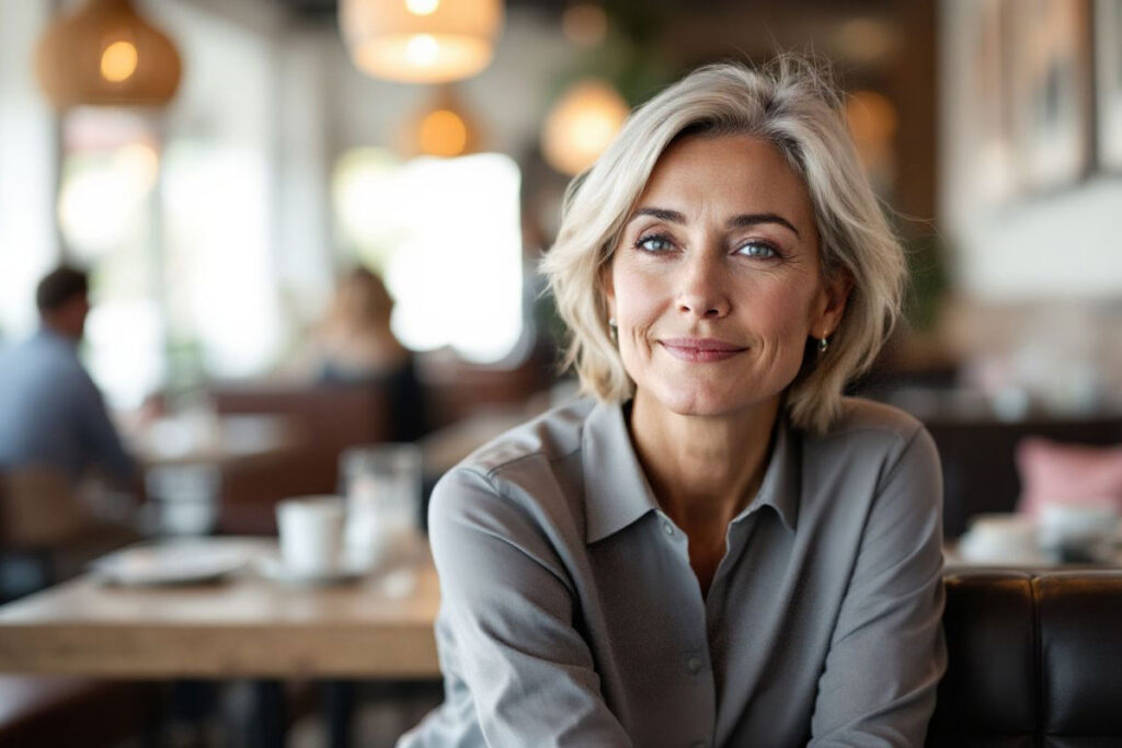 A woman sitting on a table