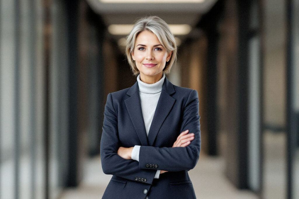 A woman wearing a suit and tie