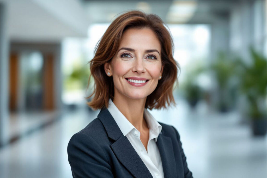 A woman wearing a suit and tie smiling at the camera