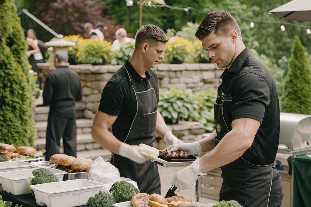 A group of people preparing food on a table