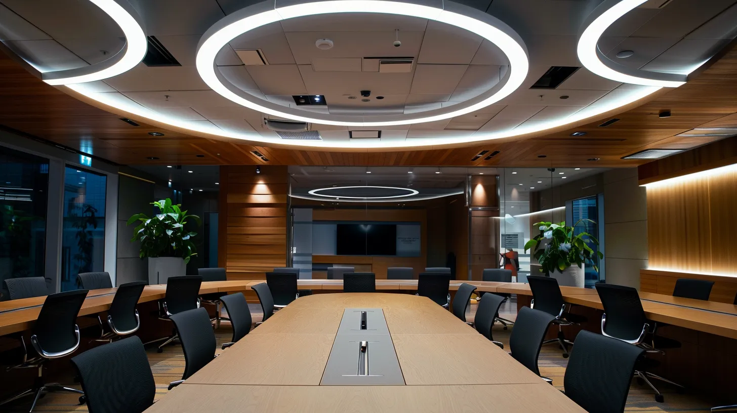 a sleek, modern office interior is illuminated by vibrant overhead lights, showcasing a collaborative workspace with dynamic team members engaged in a lively brainstorming session around a stylish conference table.