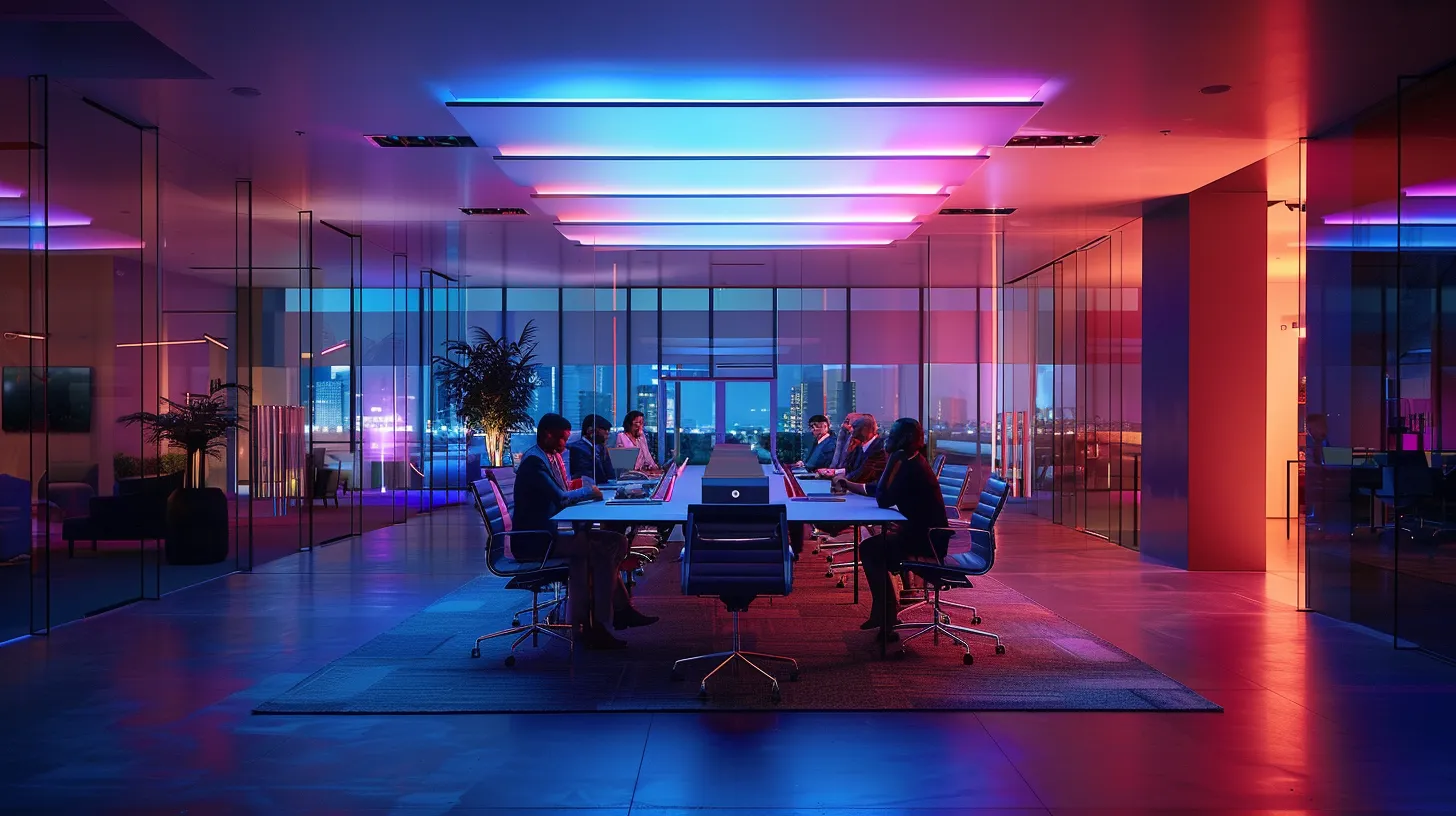 a sleek modern office space showcases a vibrant collaborative meeting, featuring diverse professionals engaged in animated discussion around a high-tech conference table illuminated by dynamic, ambient lighting.