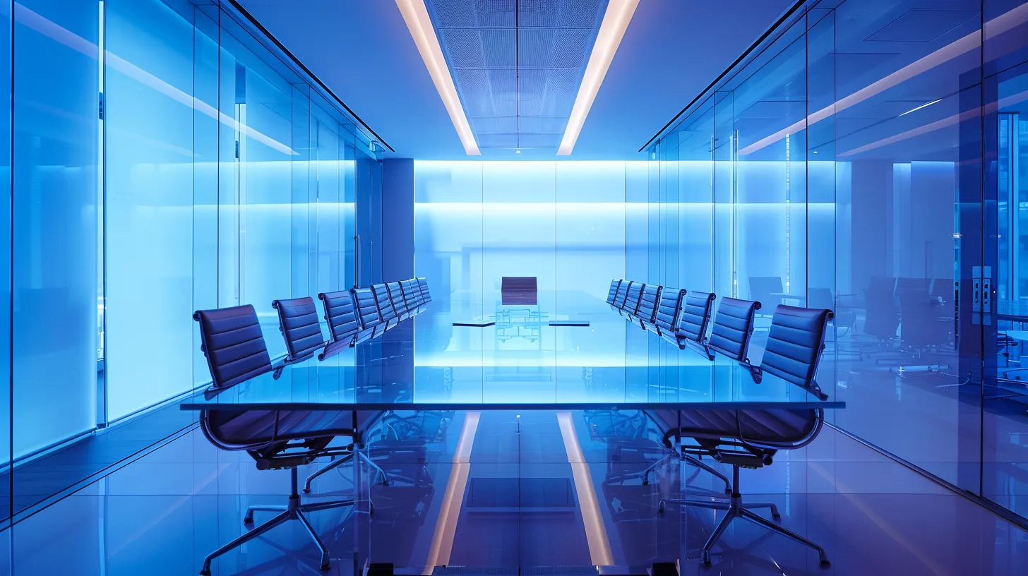 a sleek, modern office space features a large glass conference table surrounded by ergonomic chairs, illuminated by dynamic led lighting that casts an energetic glow on the polished surfaces, emphasising a collaborative and futuristic work environment.
