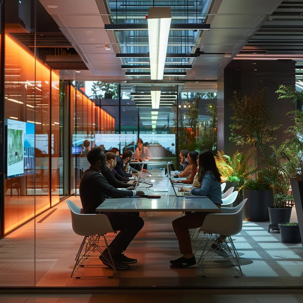 a sleek, modern office space filled with vibrant, eye-catching technology displays and diverse professionals collaborating around a glossy conference table, illuminated by dramatic overhead lighting.