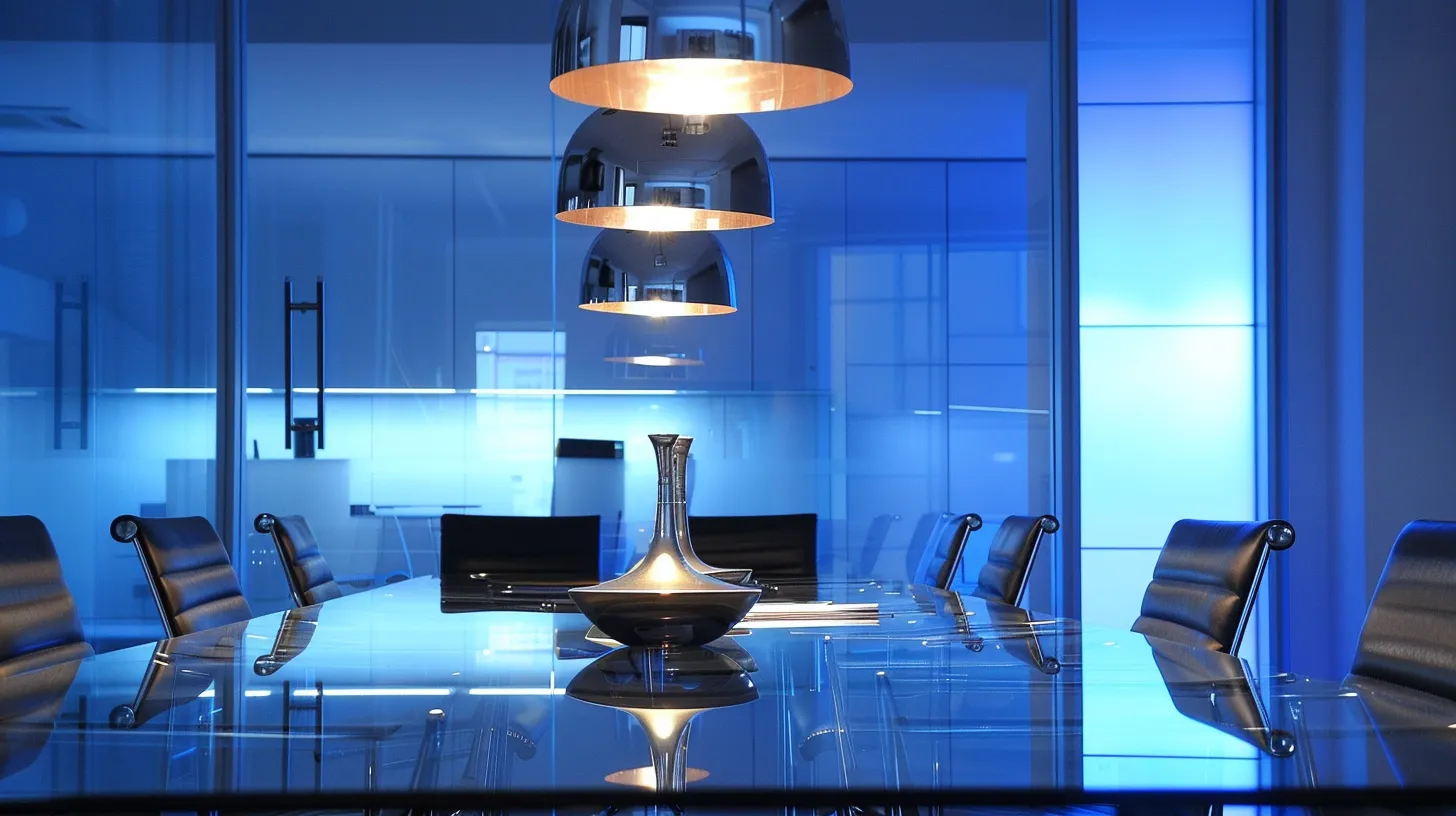 a sleek, modern office space features a polished glass conference table surrounded by ergonomic chairs, illuminated by striking overhead pendant lights that enhance the vibrant energy of a dynamic team brainstorming session.