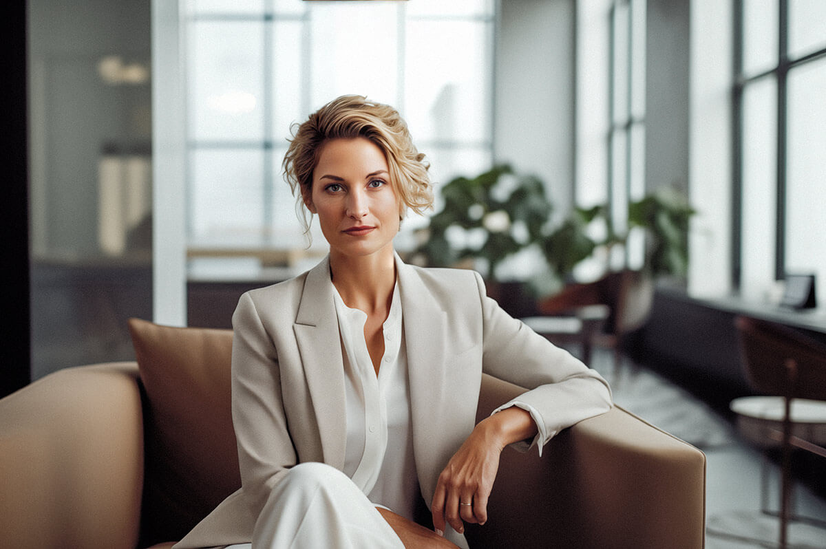 A person wearing a suit and tie sitting in a chair