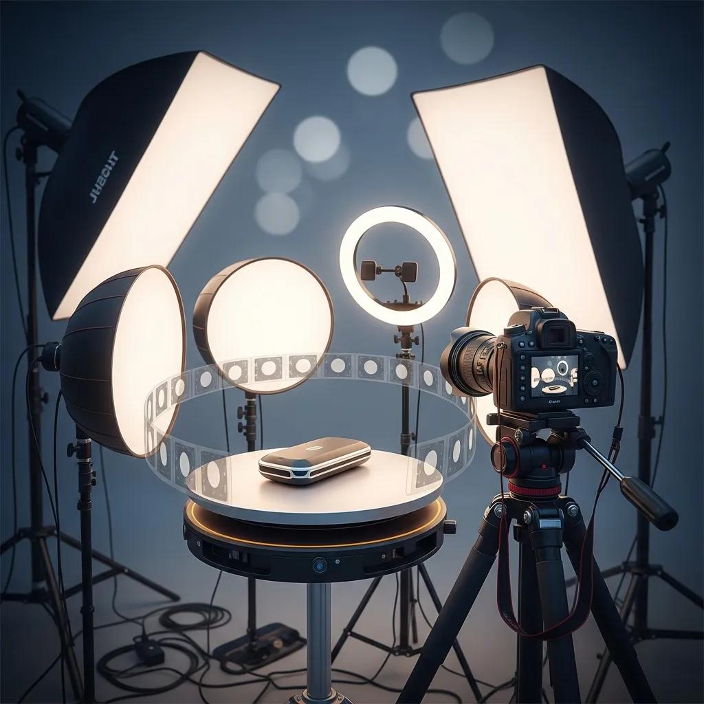 360-degree interactive product photography setup with a product on a turntable and professional lighting
