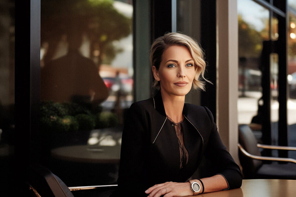 A woman standing in front of a window