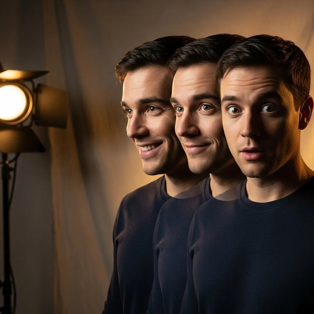 Actor posing for a headshot in a creative studio, showing expression and range