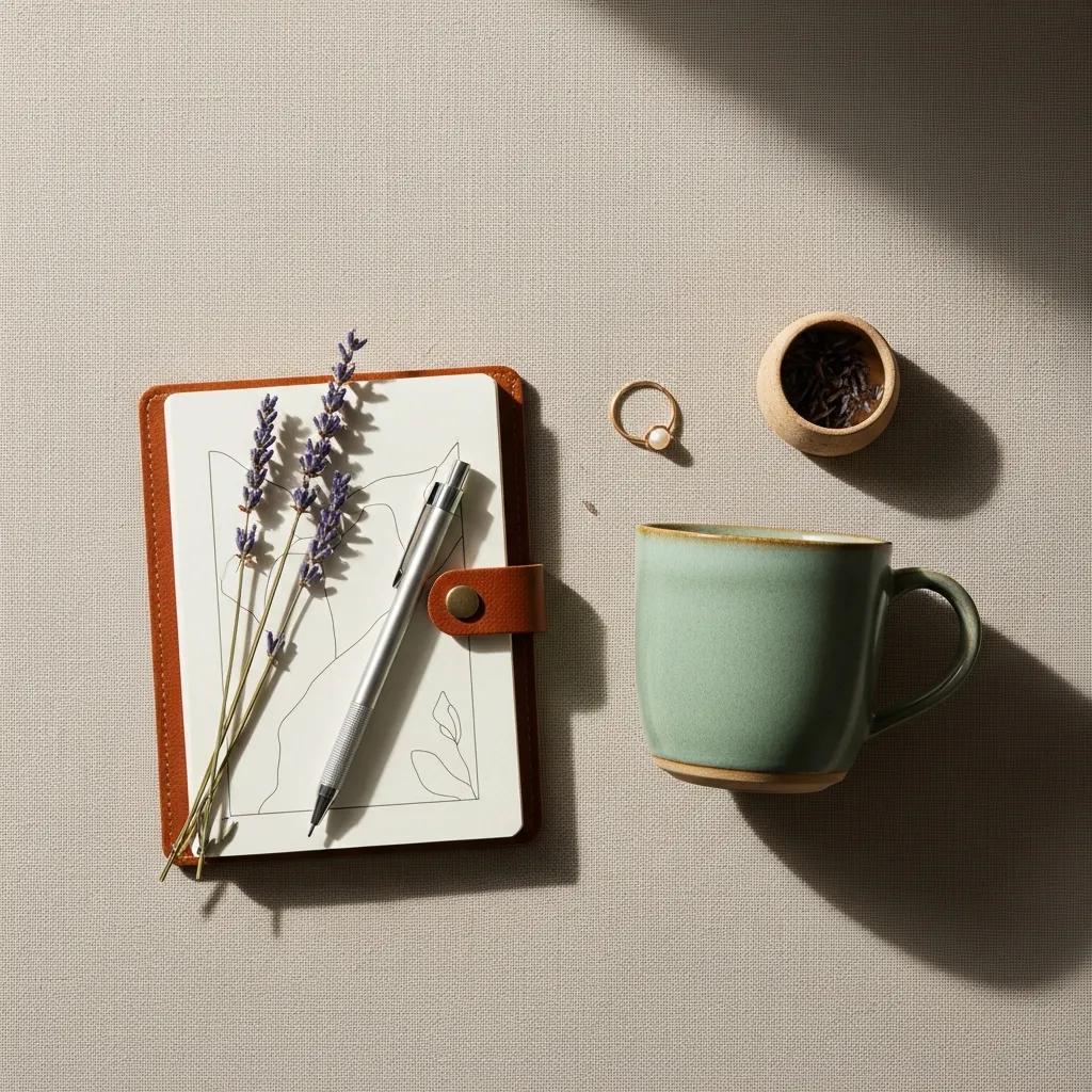 Flat‑lay showing styling elements: props, textured background and considered composition