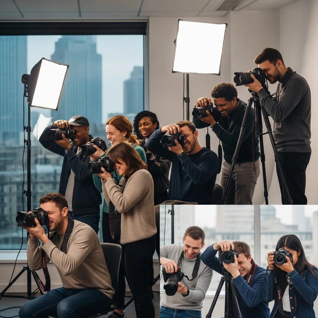 Aspiring photographers learning in a London photography class with cameras and studio lighting