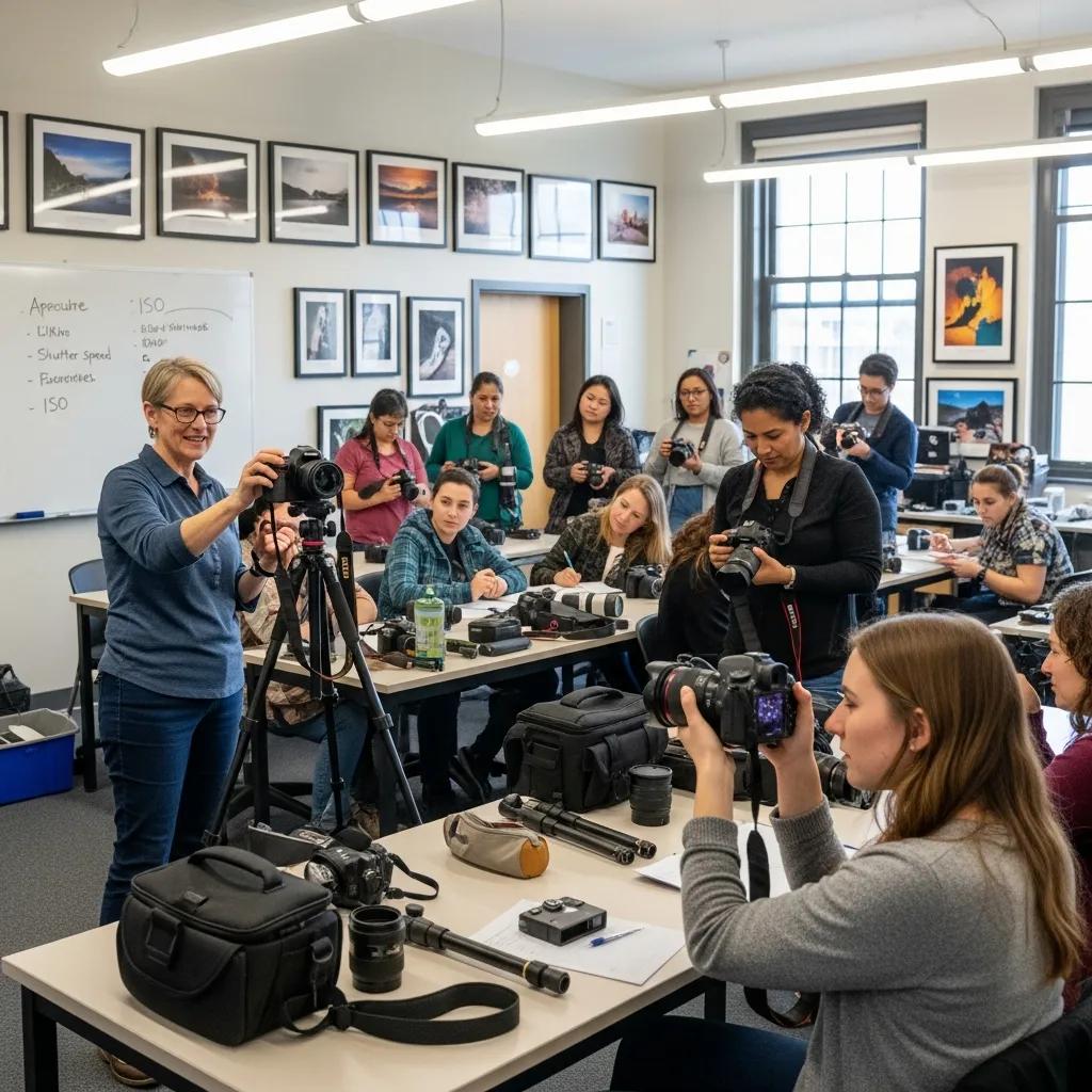 Students in a beginner class practising camera settings on location