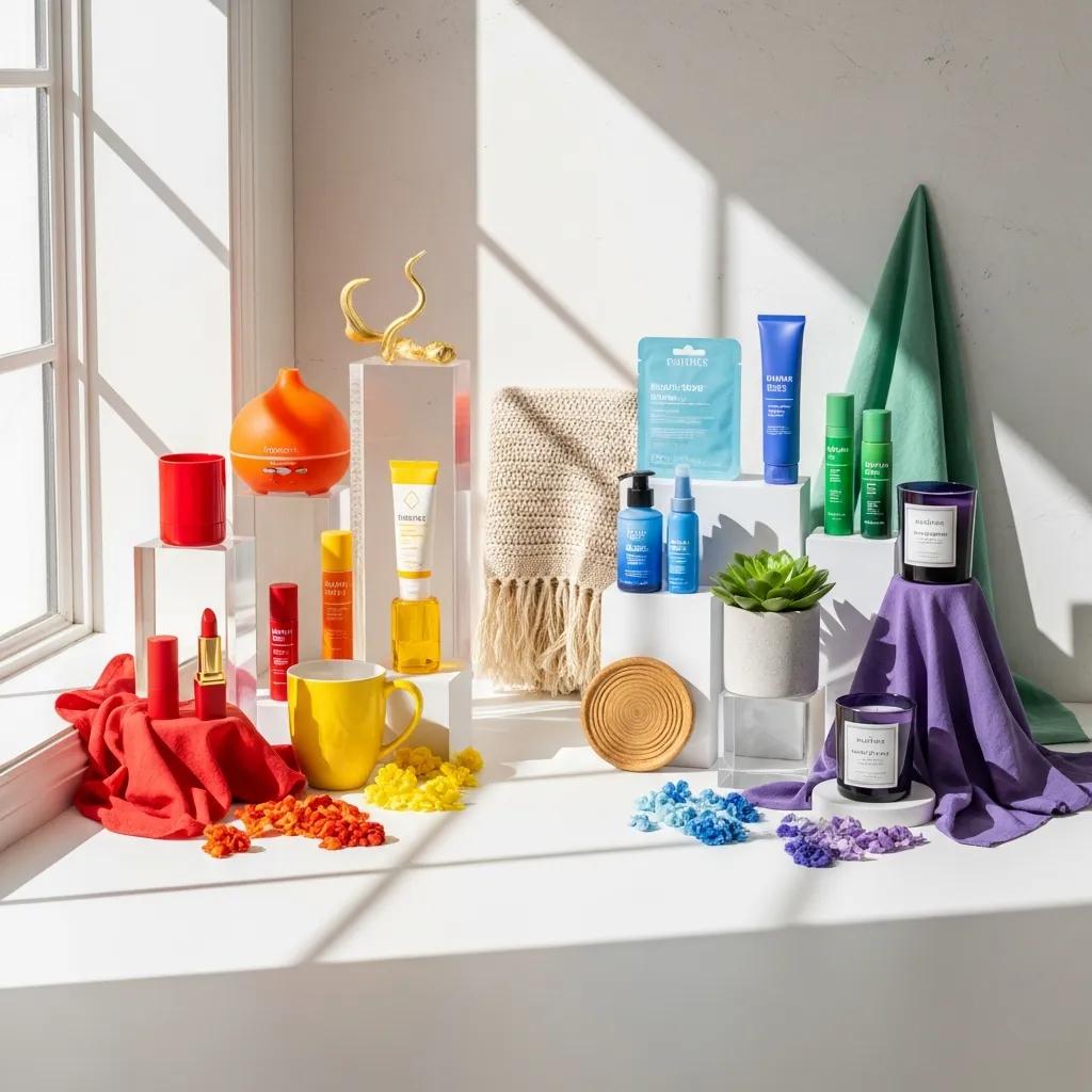 Product and brand imagery arranged to show how colour influences consumer perception and mood