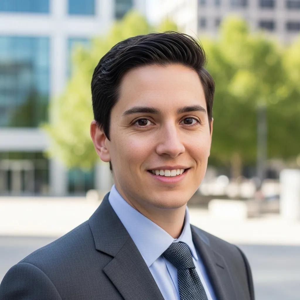 Business headshot using natural light, showing a professional with a warm, approachable expression against an urban backdrop