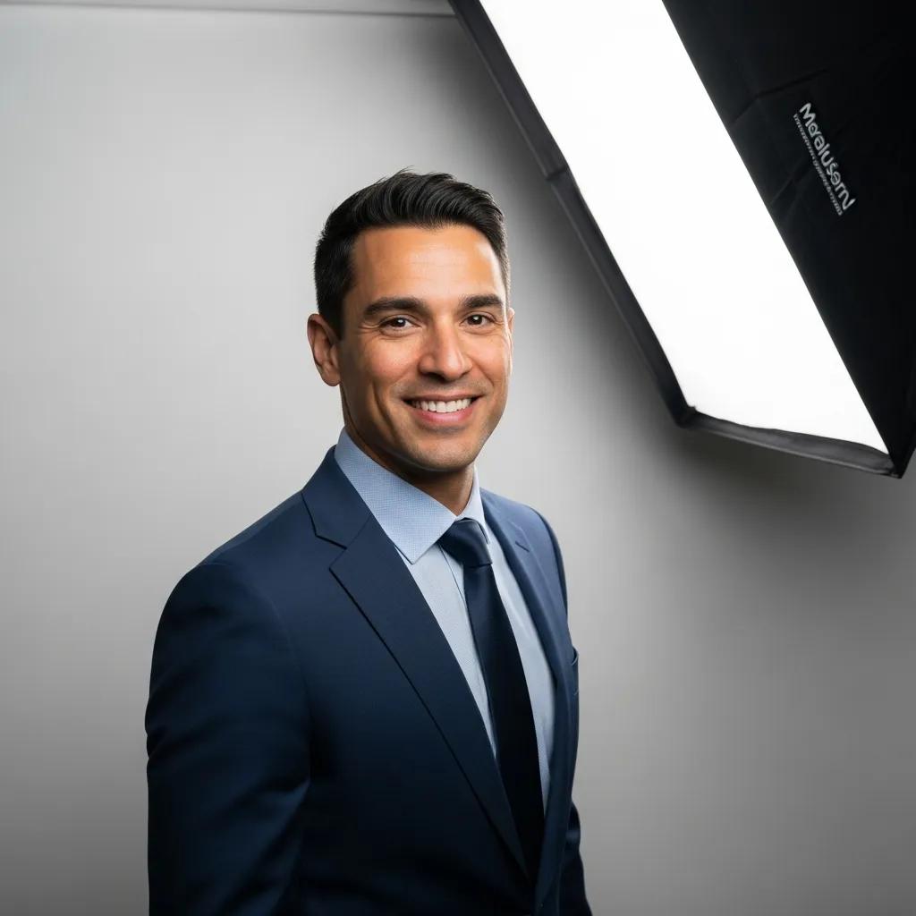 Business professional posing for a corporate headshot in a clean, minimal studio