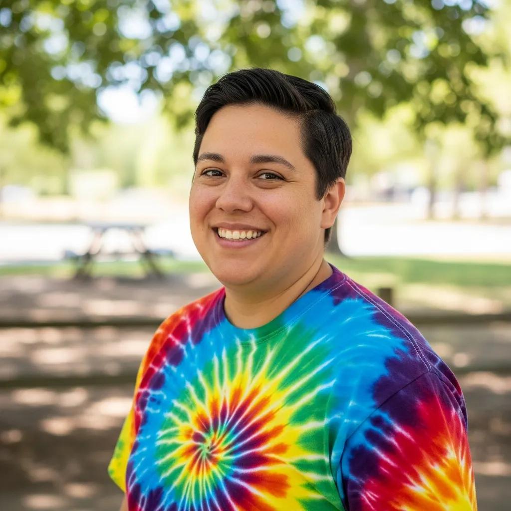 Casual outdoor headshot with a relaxed, genuine expression in a colourful setting