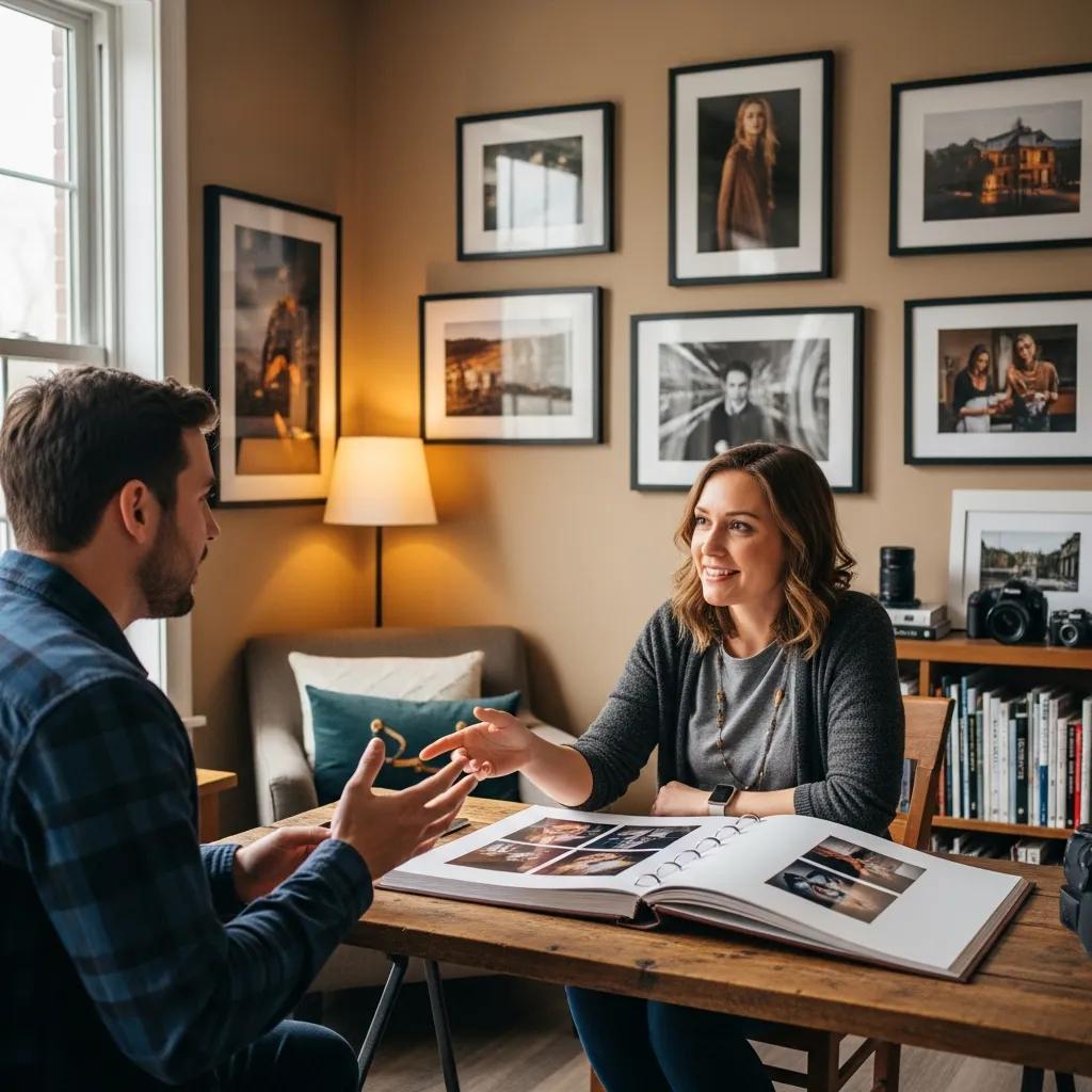 Client and photographer discussing a shoot in a relaxed studio setting