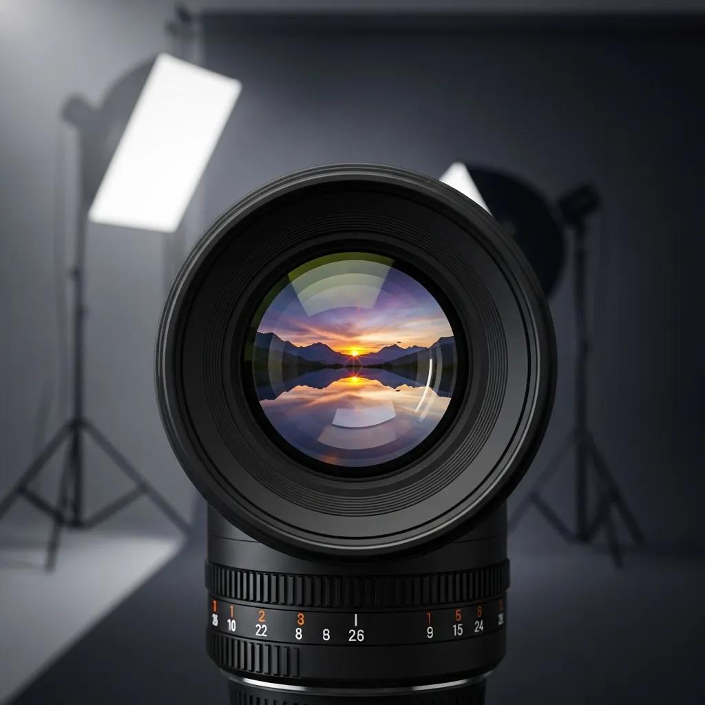 Close-up of a camera lens with a clear, well-composed photo reflected in it